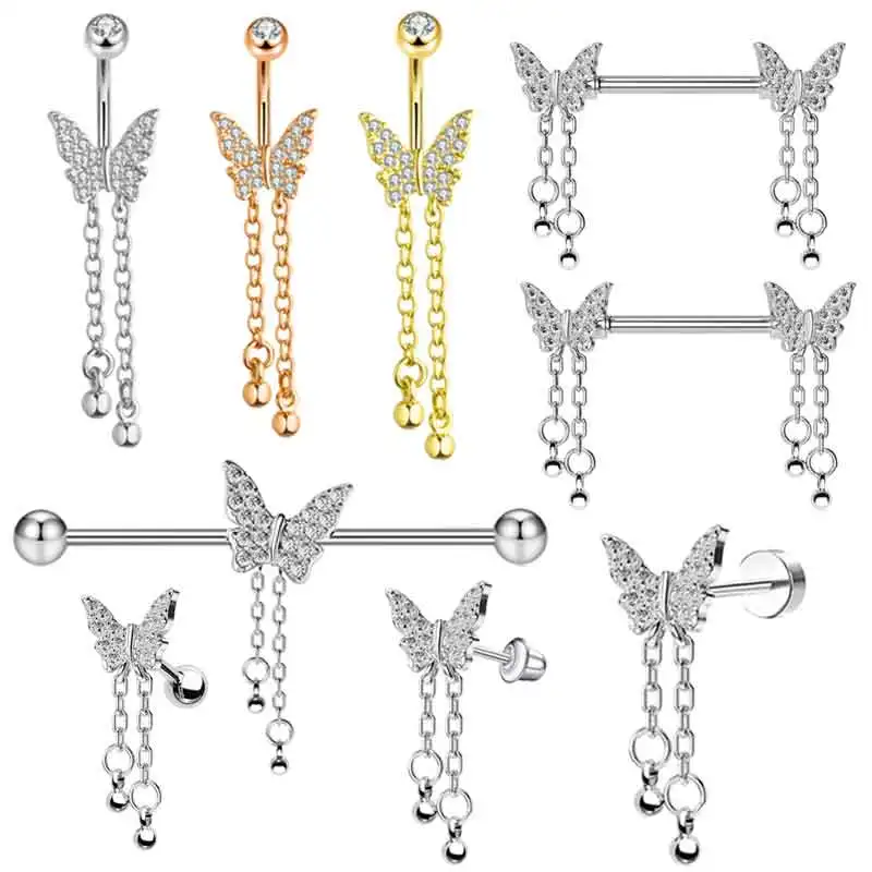 

Whoelsales 50pcs dangle Butterfly Belly Rings Nipple Piercing Industrial Barbell Cartilage Earrings Tragus Piercing Stud