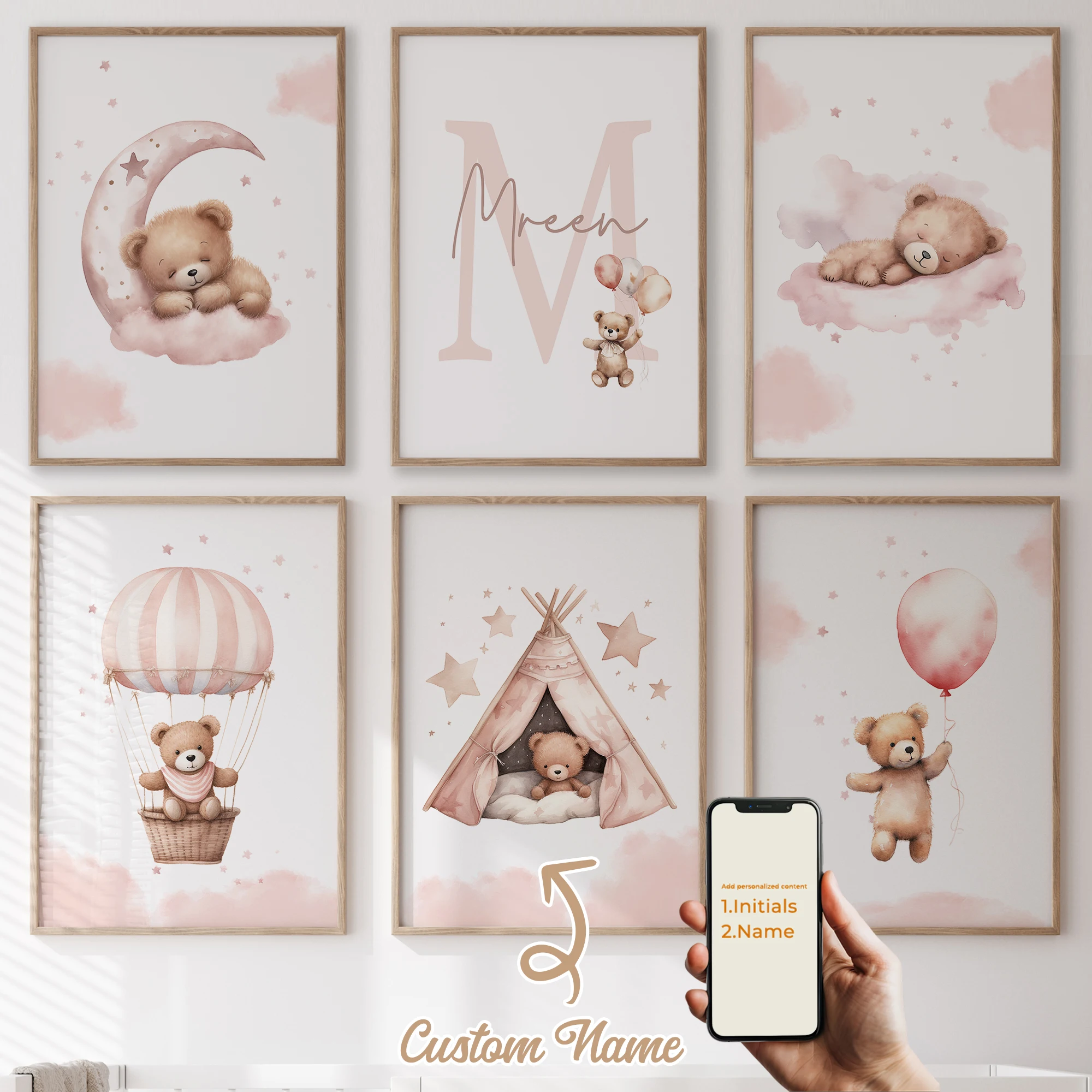 6pcs Personalized Custom Name Pink Teddy Bear Wall Art Print Picture Canvas Poster Painting For Living Child Room Home Decor