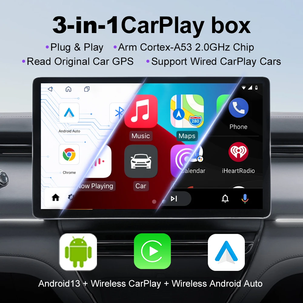 2026 New Car Shape Carplay AI Box Android 13 Wireless Android Auto For Youtube Netflix Toyota Mazda Hyundai Haval GMC Ford MG VW