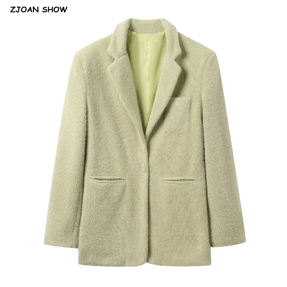 Nieuwe 2025 Chill Groen Breien Shaggy Lange Mouw Blazer Vriendje Vintage Vrouwen Notched Kraag Losse Pak Mode Oversize Jas