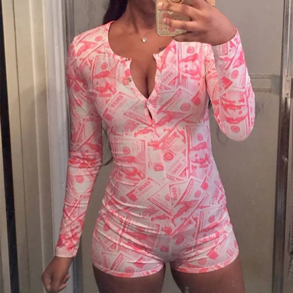 Sexy Bodycon Onesies Jumpsuit Romper Playsuit Long Sleeve Money Print Bodysuit Biker Shorts Streetwear Casual Womens Jumpsuit