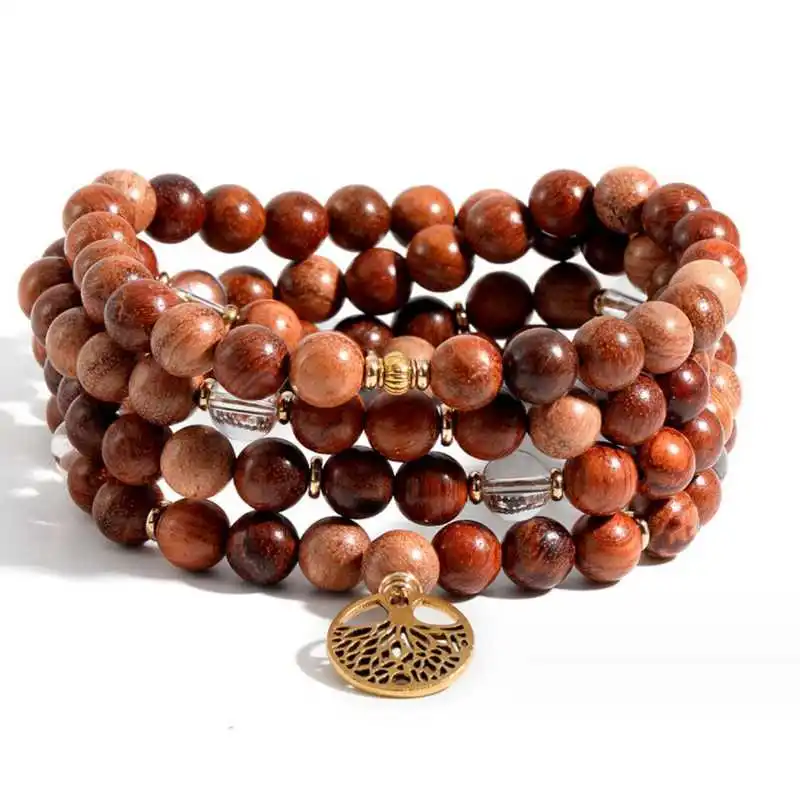 8mm 108 small leaf rosewood bead bracelet white crystal Trendy Mala Eco-Friendly Handmade Cuff Chain Men's Prayer