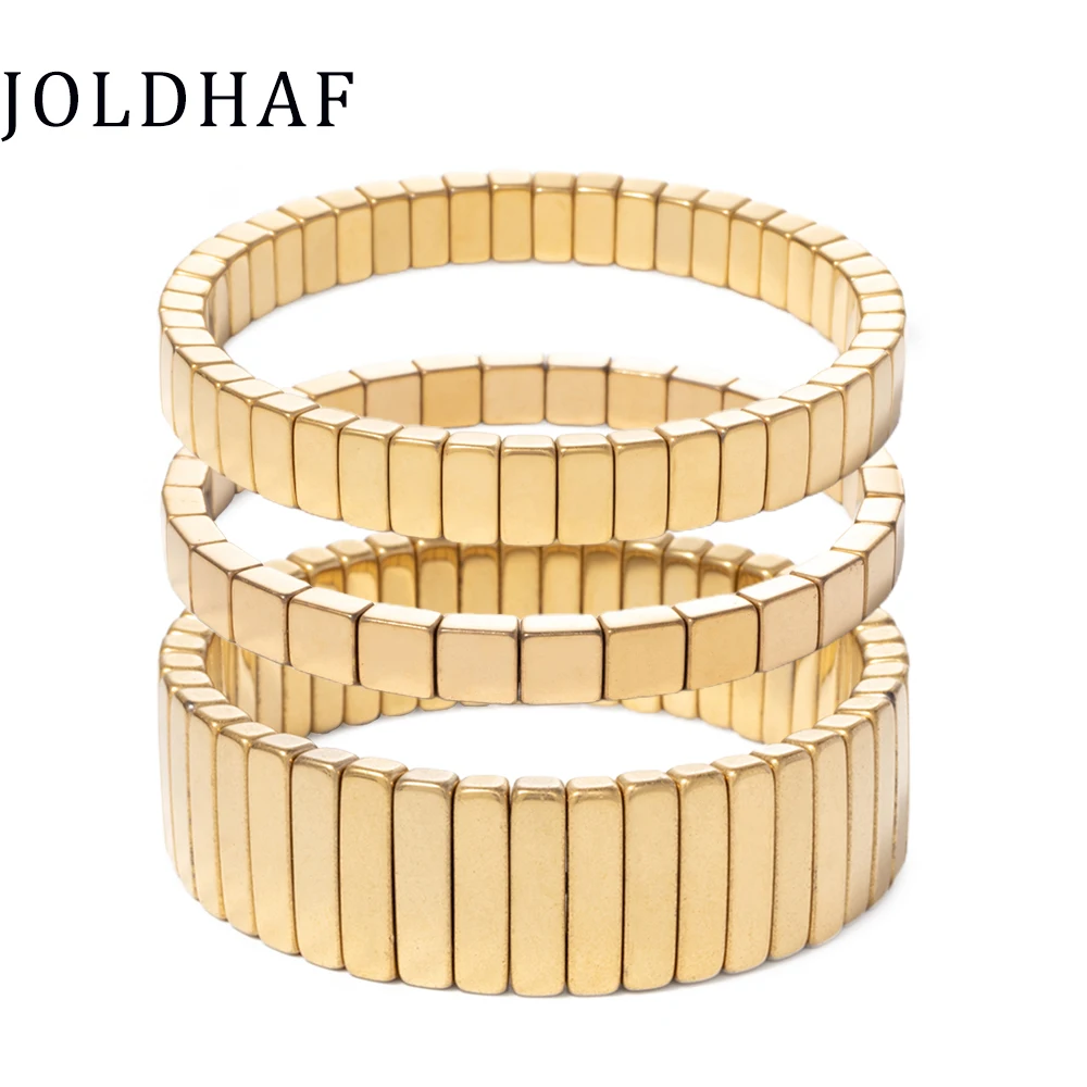 2024 New Design Golden Bracelets For Women Gold Color Hematite Beaded Elastic Bangle Sets Square Shape Beads Accessory