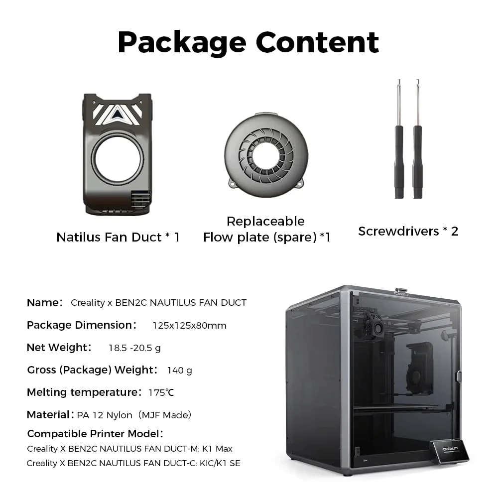 

Creality BEN2C NAUTILUS K1 MAX Fan Duct 360° Circular Cooling Flow Fan Duct For K1 Max/K1C/K1 SE Upgraded 3D Printer Accessories