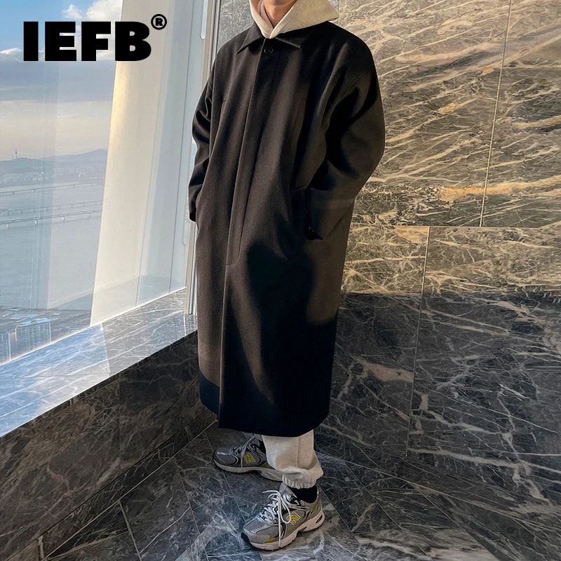 

IEFB Male Woolen Coat Casual Knee Length Button Turn-down Collar Baggy Solid Color Trench Korean Version New Stylish 9D1685