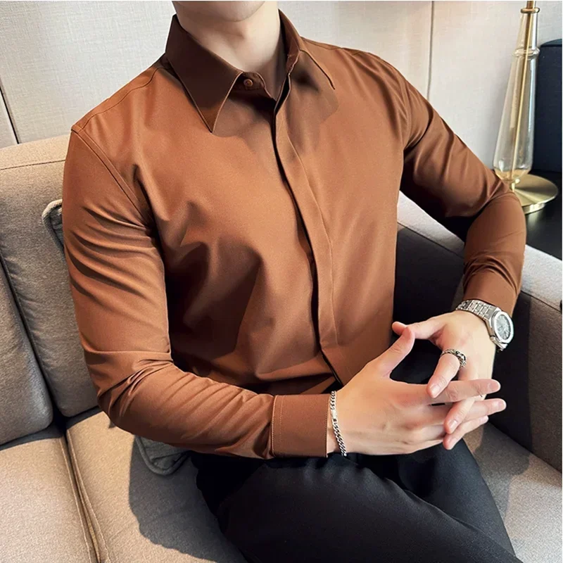 2024 New Men\'s Large Pointed Neck Lapel Shirt Solid Slim Fit Long Sleeved Business Shirt Formal Office Social Party Dress Tops