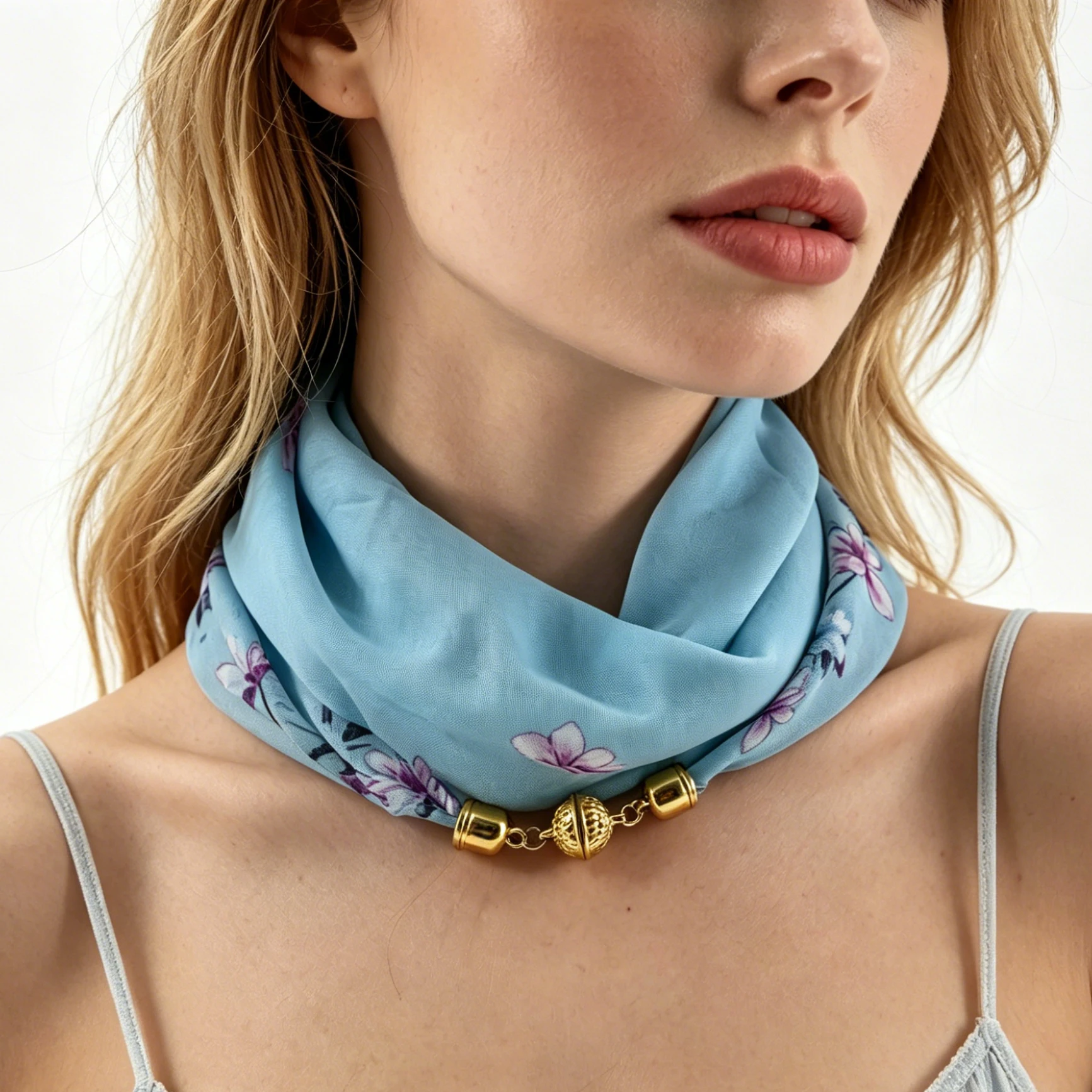 Magnetverschluss Dünner Chiffon Dekorativer Halstuch, Magnolien-Druck Halstuch, Lazy Scarf Schnell und Einfach zu Befestigendes Halstuch – Detail 2