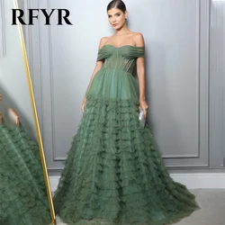 RFYR Green A Line Prom Dress Net Off the Shoulder Party Dress Tiered Celebrity Gowns Layer Wedding Party Dress вечерние платья