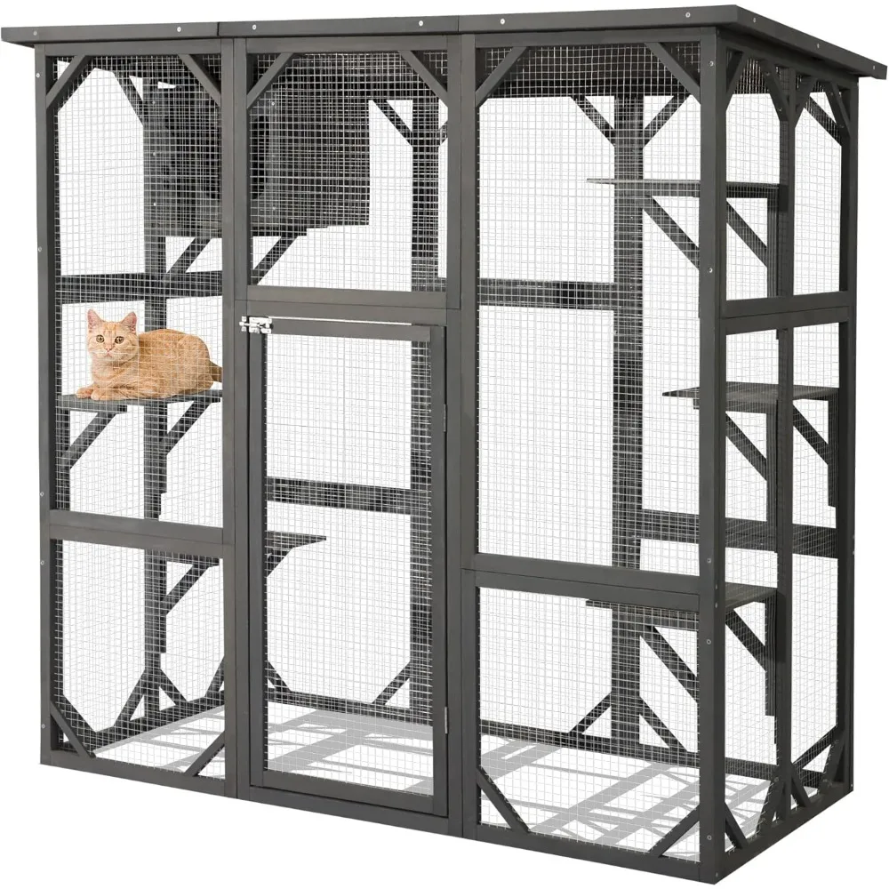 

Large Outdoor Cat House, Wooden Cage with Weatherproof Large Run, Jumping Platforms for Play Catio Cats Patio with Large Entranc