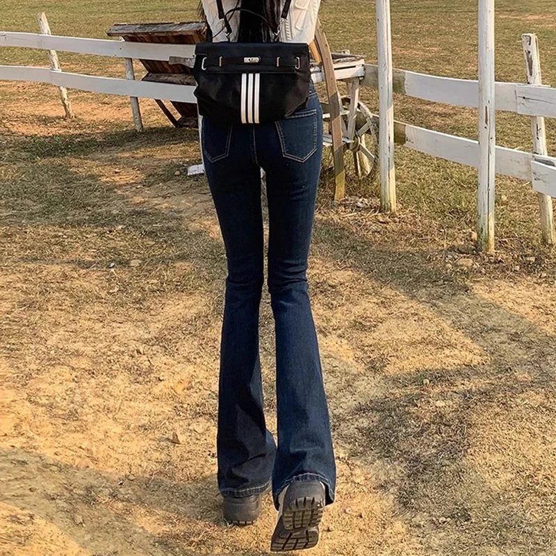 جينز نسائي مطاطي عالي الخصر أسفل الجرس ، بنطلون مضيء ، بنطلون جينز ، أزرق ، أسود ، قوطي ، مصمم ، سيدة ، أنثى ، موضة شارع راقي