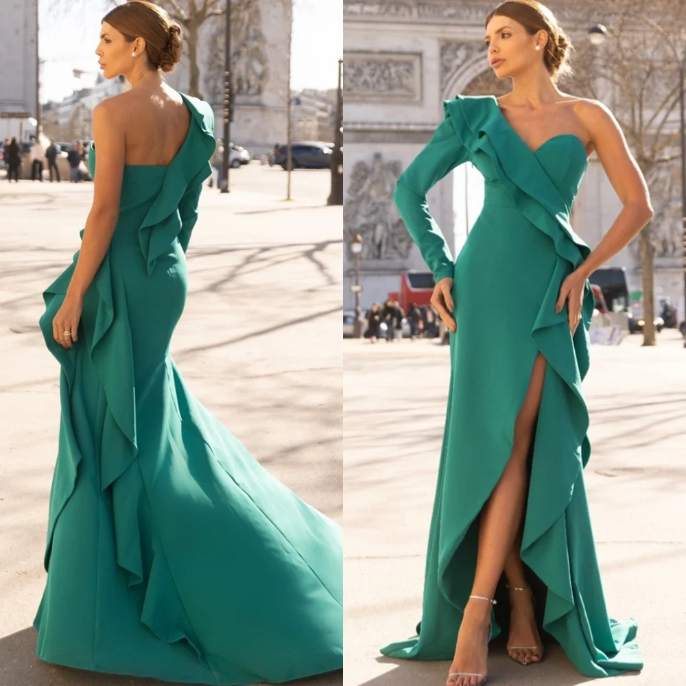 

Customized Simple Jersey Evening Dress Classic One Shoulder Long Sleeves Homecoming Dresses Temperament Vestido De Festa