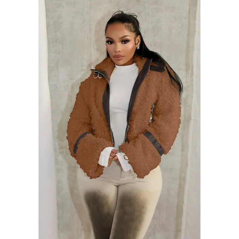 2025 الخريف الشتاء خمر الفراء المرقعة بولي Leather الجلود معاطف قصيرة النساء رفض طوق كم كامل سليم عادية تنوعا سترة