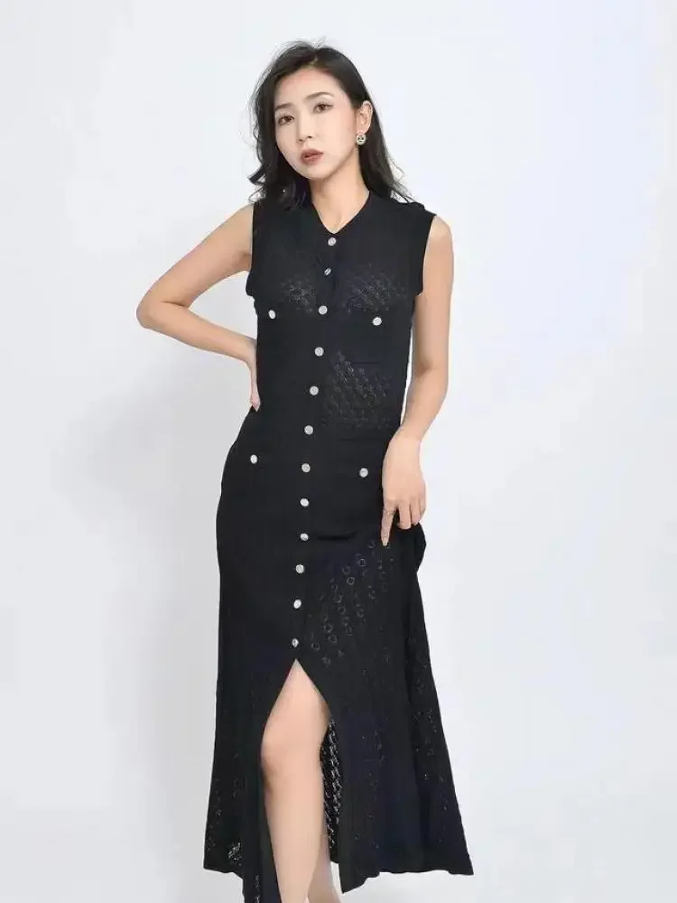 Women Green Elegant Slim Fashion Pleated Long Dresses Ladies 2025 Summer Black Sexy Sleeveless O-neck Single Breasted Knit Dress