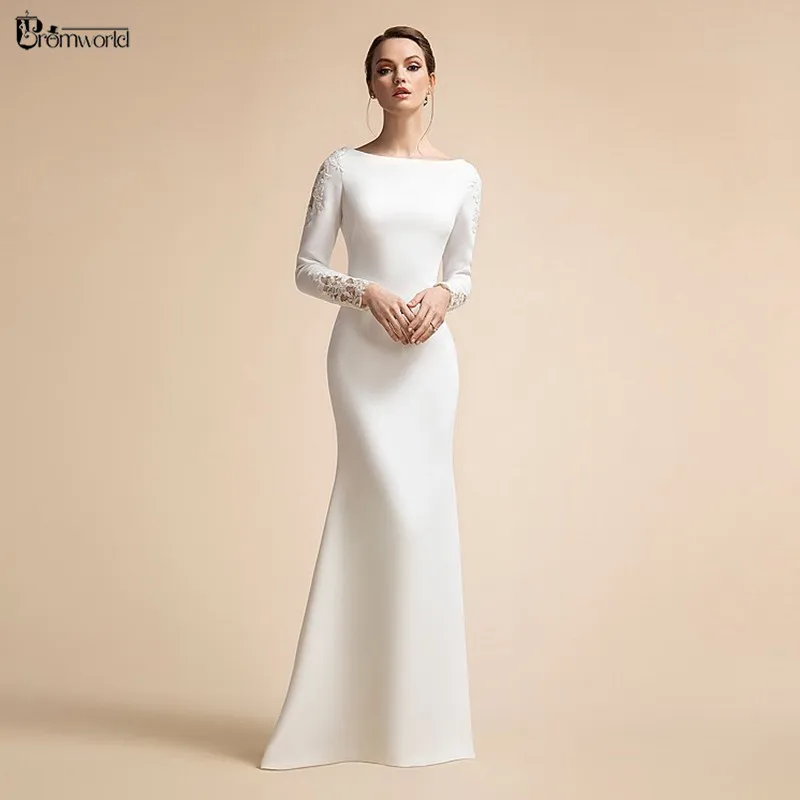 

Elegant Vestidos De Novia 2024 Simple Muslim Wedding Dress for Bride Mermaid Satin Lace Long Sleeves Ivory Bridal Gowns