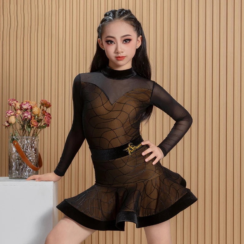

New Latin Dance Clothes Girls Competition Dress Long Sleeves Mesh Splcing Tops Fishbone Skirt Long Sleeves Practice Wear BL17155