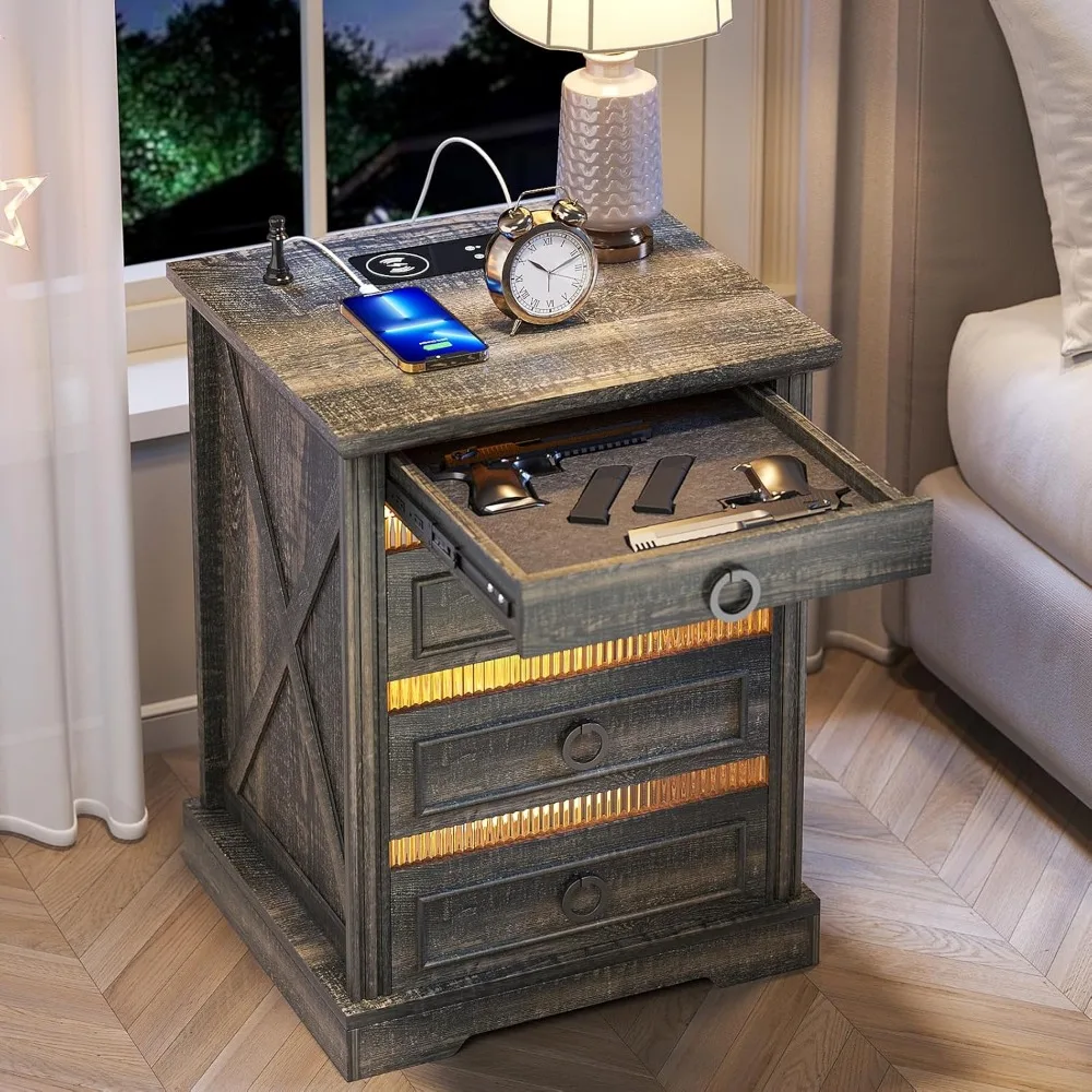 

Farmhouse Night Stand with Gun Drawer, Bedside Table with Charger Station, LED Nightstand with Human Sensor Light, Smart