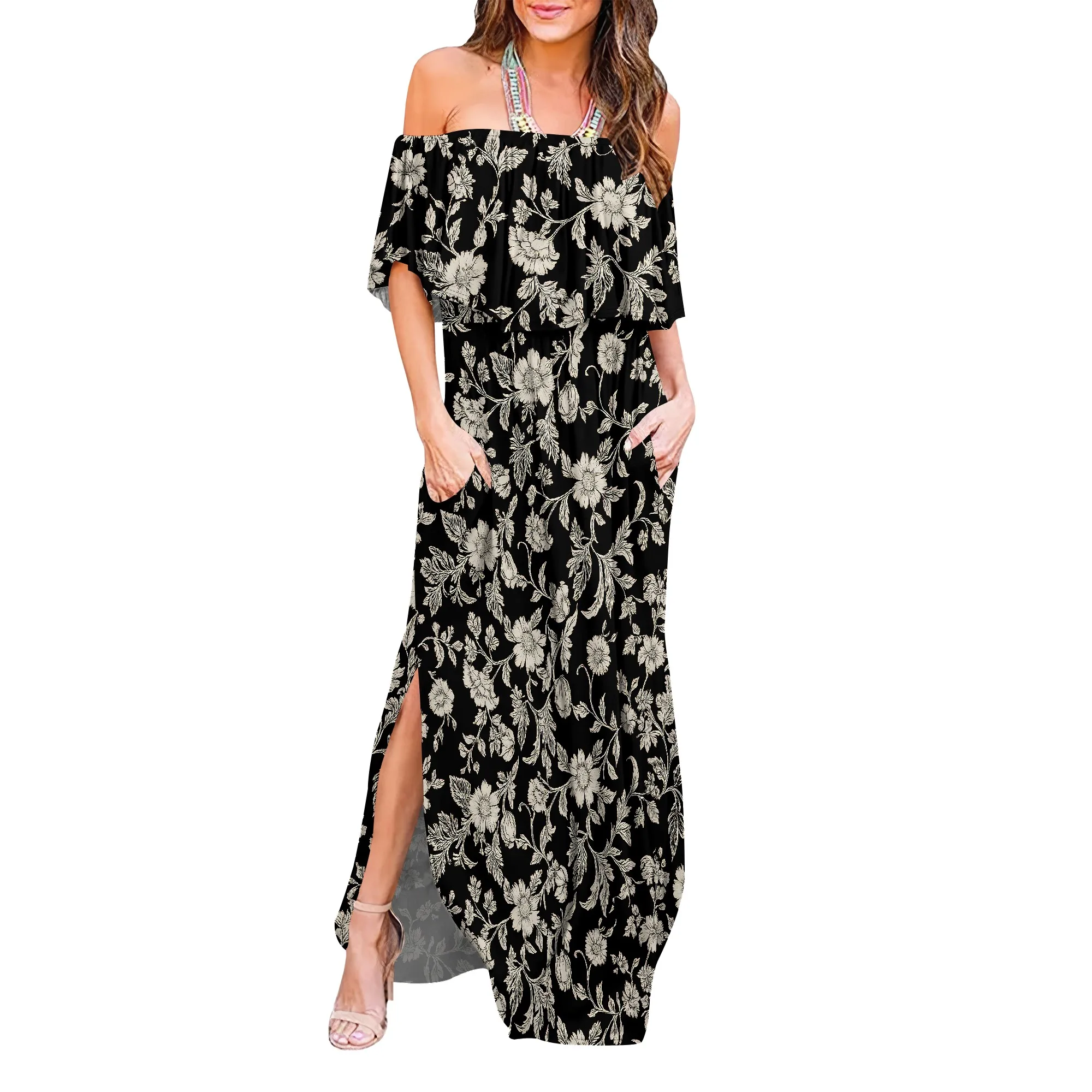 

Womens Off The Shoulder Ruffle Party Dresses Side Split Beach Maxi Dress
