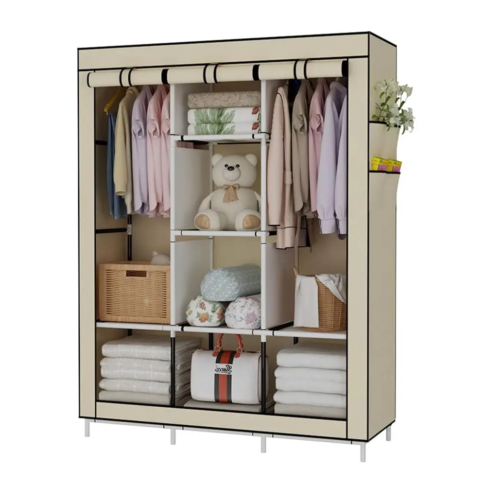

Portable Wardrobe Closet Clothes Organizer Non-Woven Fabric Cover With 6 Storage Shelves, 2 Hanging Sections And 4 Side