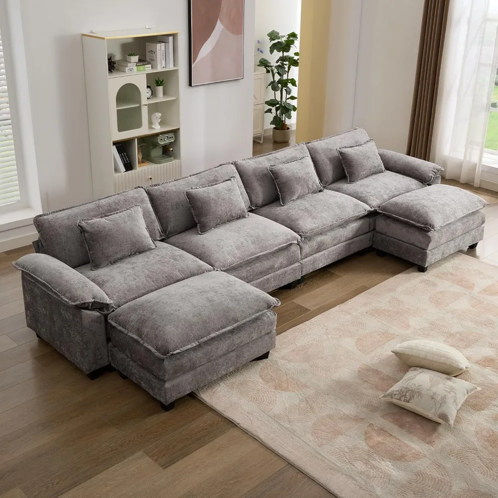 

154" Sectional Sofa Cloud Couch, Chenille U-Shaped Couch Comfy Upholstered 4-Seat Sofa with 2 Ottoman, 4 Lumbar Pillow, Deep Se