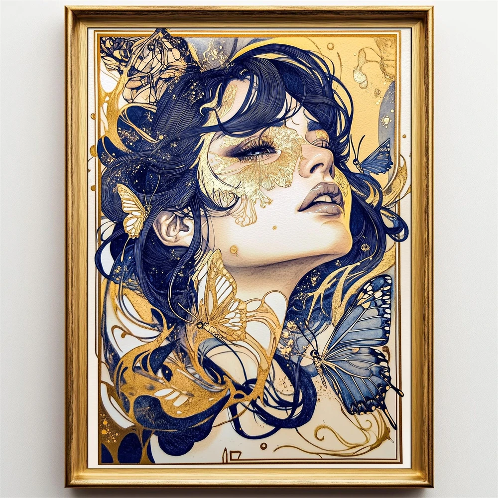 Butterfly Goddess Modern Art Nouveau Prints Woman Portrait Blue Gold Ethereal Feminine Wings Boho Filigree Azure Print Poster