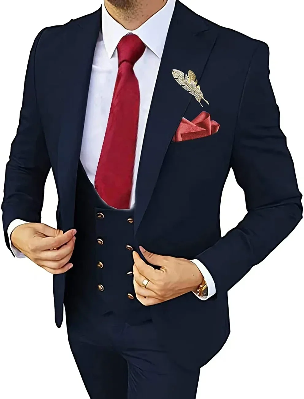Costume de smoking classique pour hommes, 3 pièces, coupe cintrée, revers, gilet et pantalon, costum