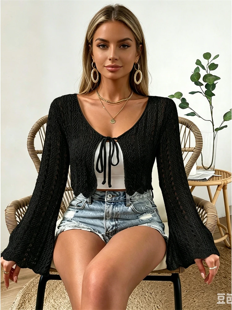 Bohemian Style Long Sleeve Knitted Sun Protection Loose Lazy Top Lace Trim Cover up Sweater Sweet Style Spring Summer Cardigan H