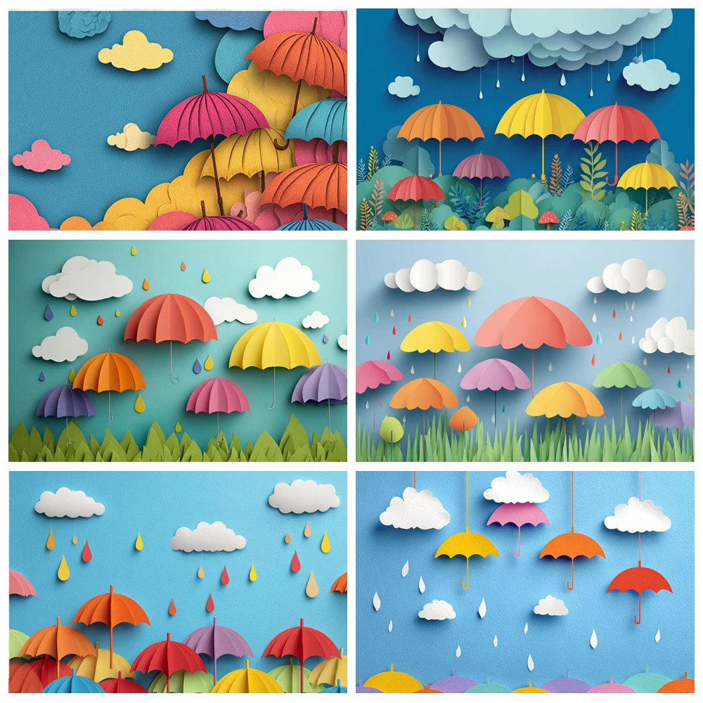 

Colorful Umbrella Clouds Photography Backdrop Raindrops Children's Birthday Rainy Themed Party Photo Background Props