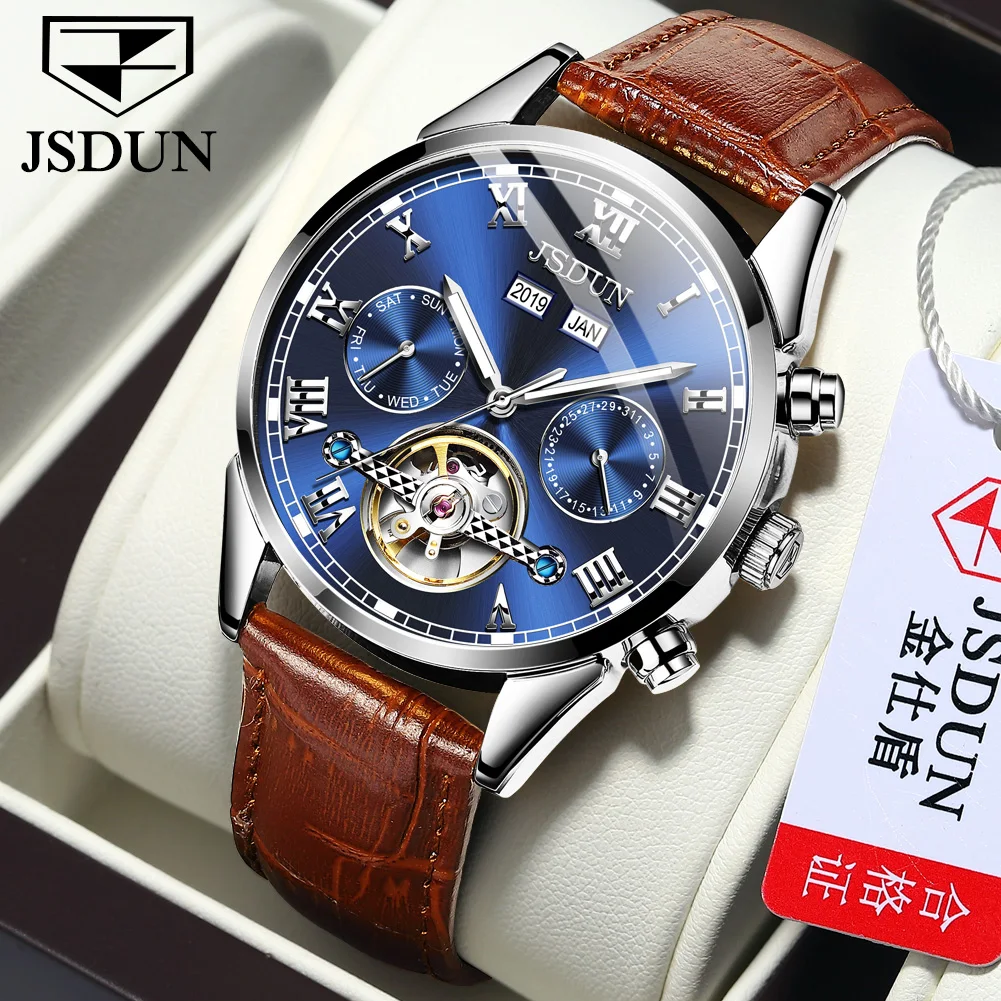 

JSDUN 8908 Roman Scale Automatic Watch For Men Hollow Skeleton Week Date Display Hand Clock Waterproof Luminous Mechanical Watch