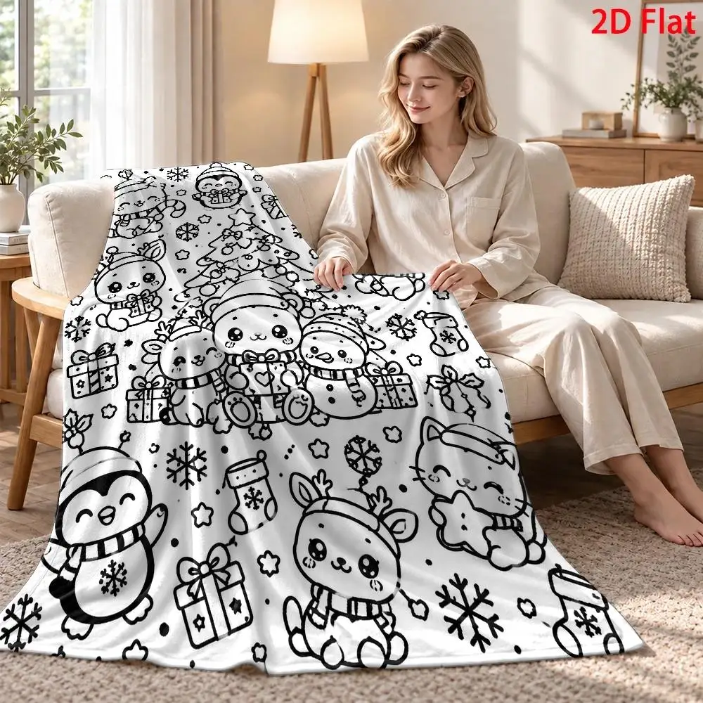 1pc 2D Flat Christmas Tree Winter Animal Throw Blanket, Kawaii Line Art Blanket, Black White Coloring Book Style for Home Decor