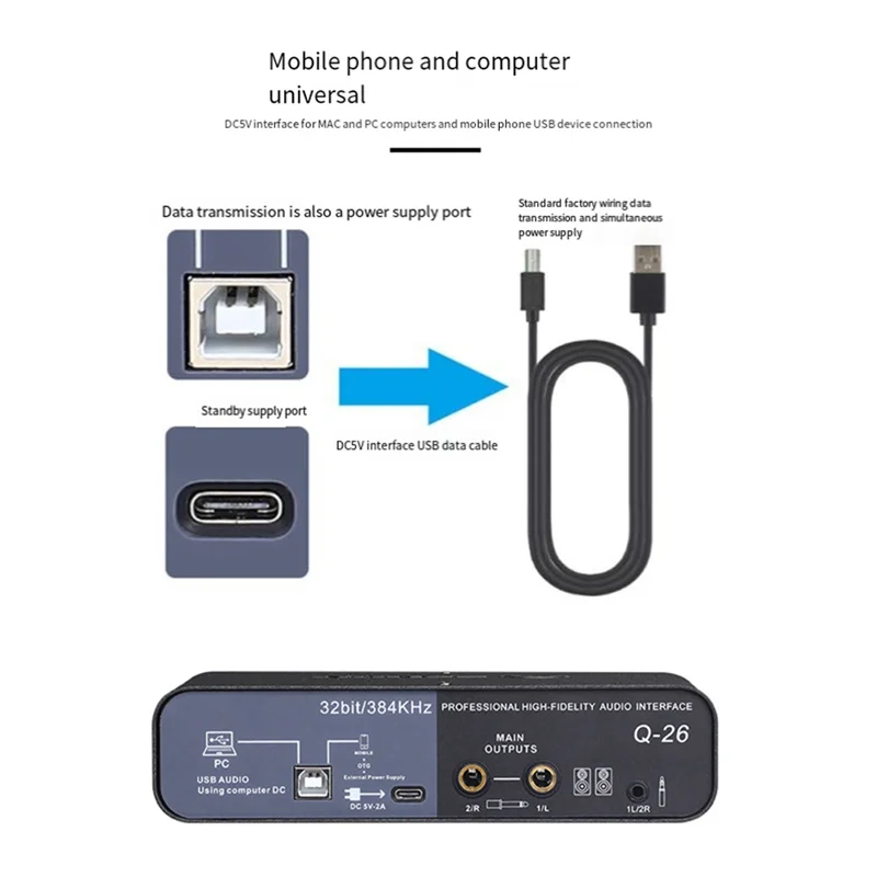 

AEF5-TEYUN Q-26 USB Audio Interface Sound Card With Electric Guitar Live Recording USB External Sound Card For Studio
