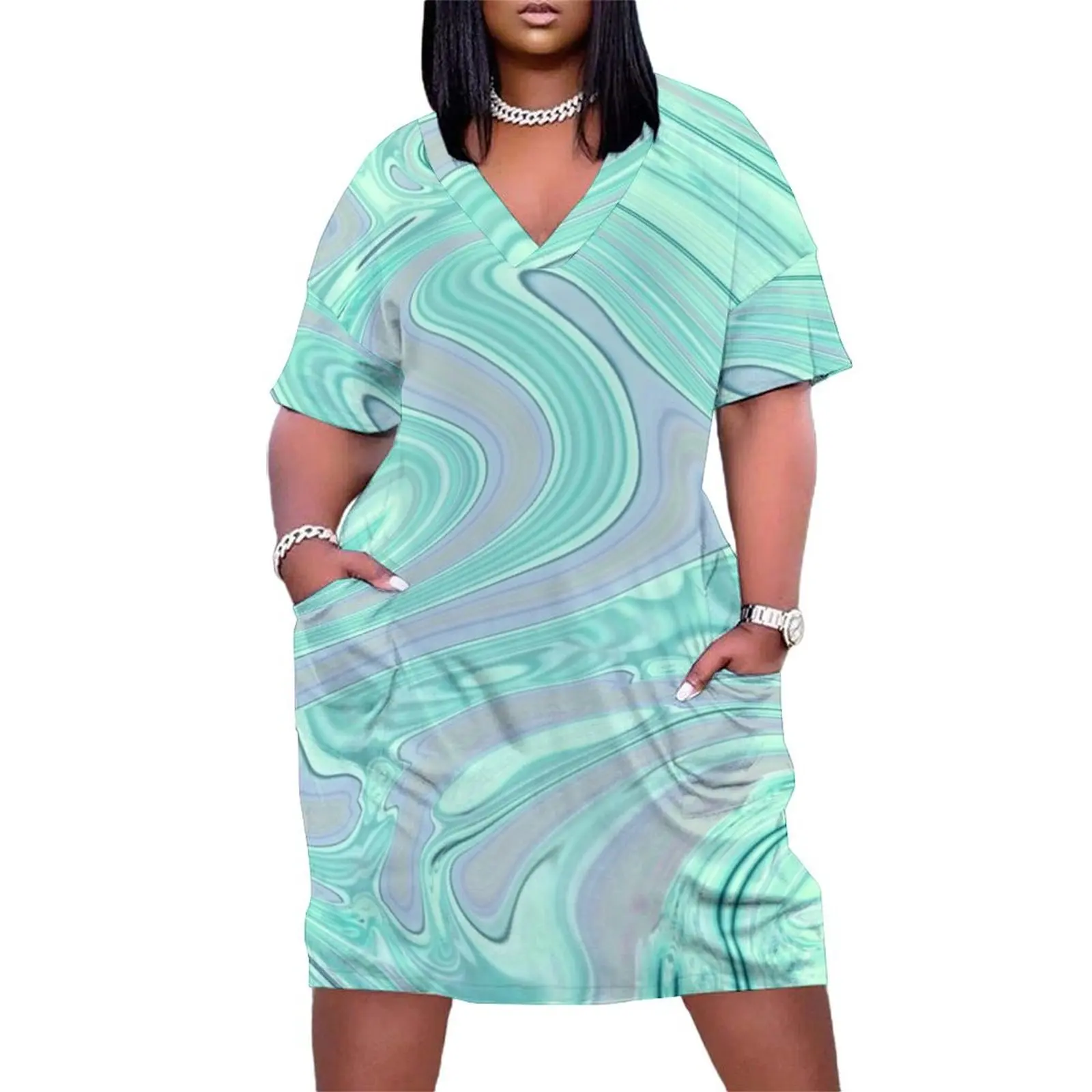 

chic spring summer seafoam green mint swirls Loose Pocket Dress loose summer dress chic and elegant woman dress