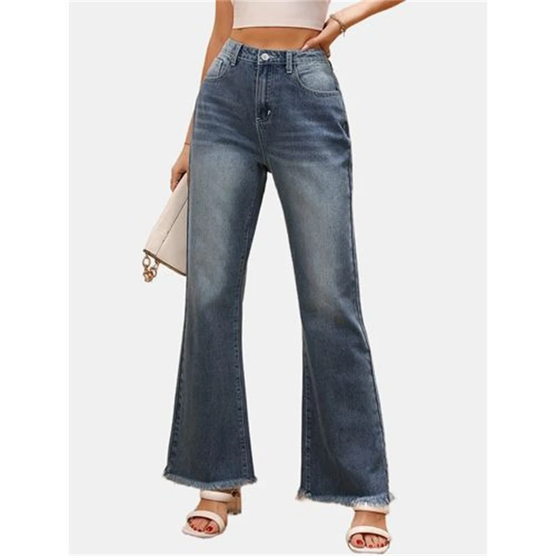 

Women's Star Edge Design High Waisted Blue Jeans Summer Trousers Cool Girl Casual Bottoms Female Wide Legs Denim Pants