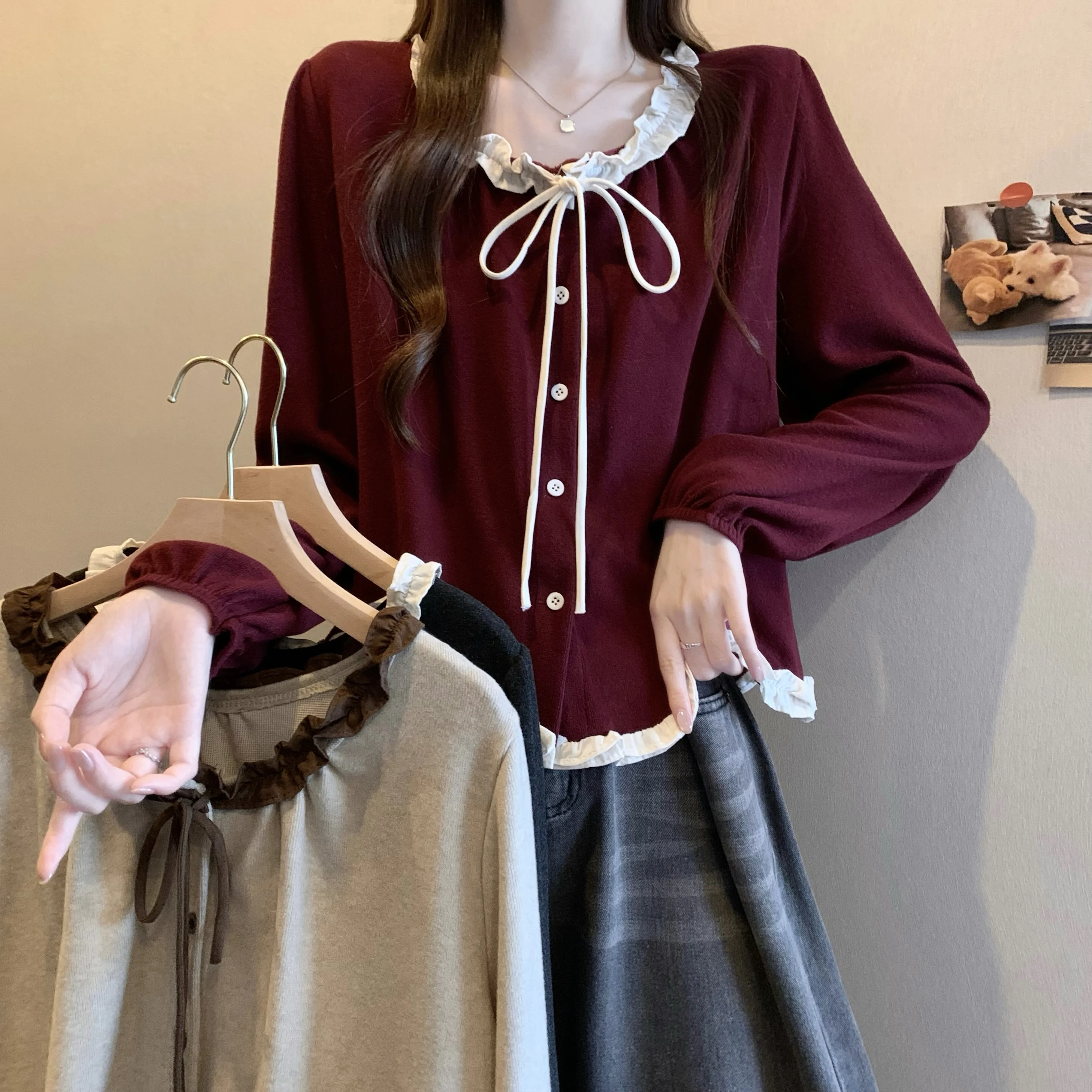 قميص بحزام بعقدة التخسيس مع لون خشب Blo لخريف وشتاء عصري للنساء من الدانتيل irt Commute Sle #1