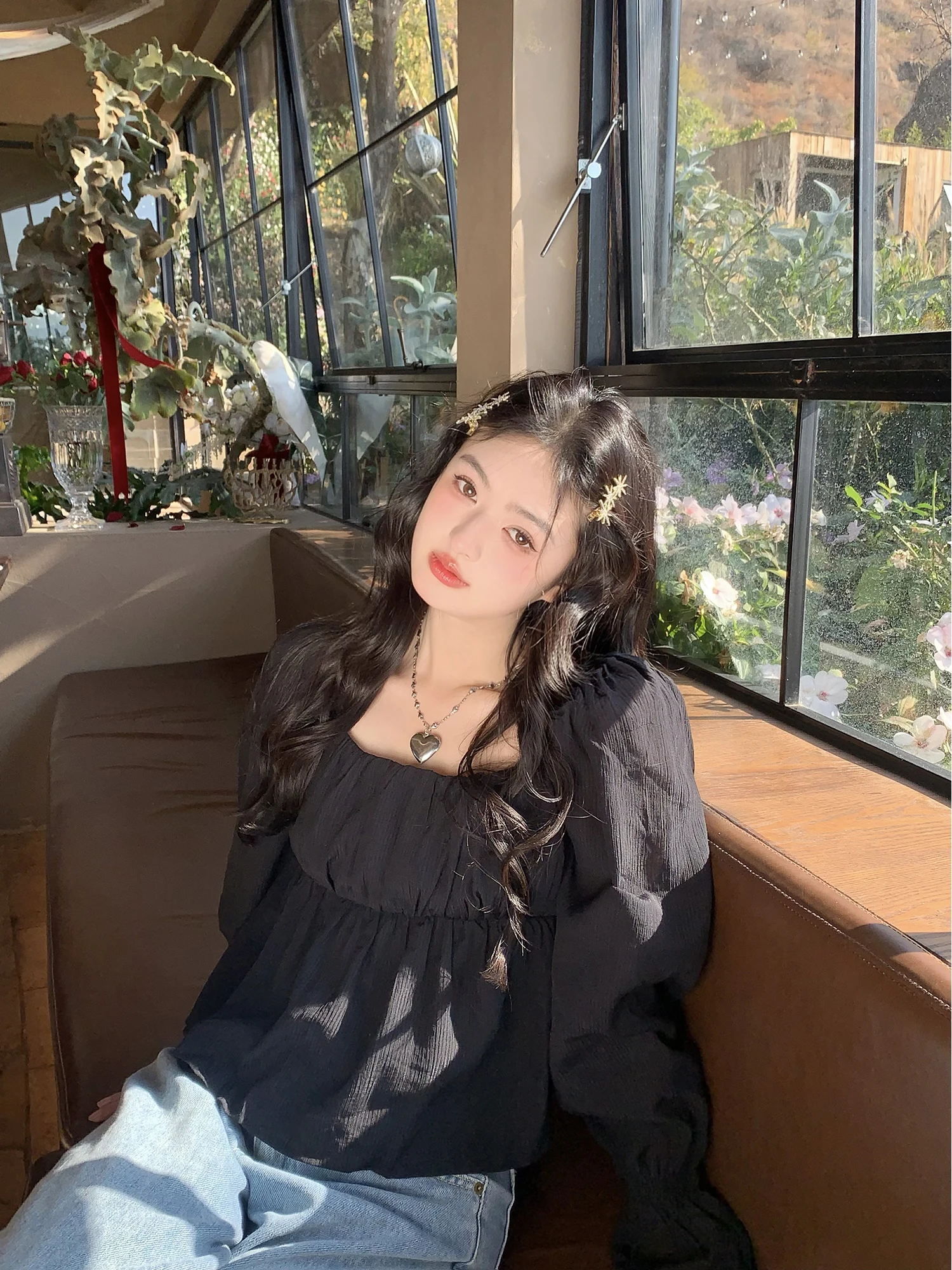 

Vanwenwen South Korea High Waist Bell Sve irt Women's Bla Spring Square Collar Faionable Lady Sle Long Sve Top