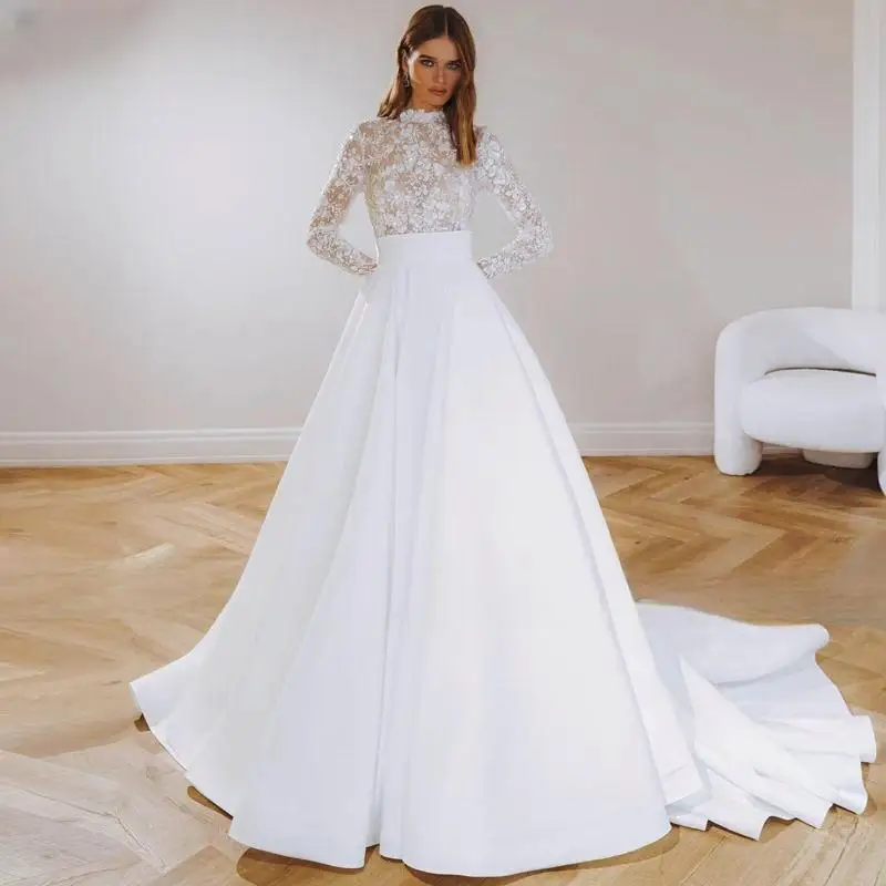 

Classic O-Neck Long Sleeve Muslim A-Line Wedding Dress 2025 Luxury Sequins Beading Appliques Satin Vintage Bride Gown Customized