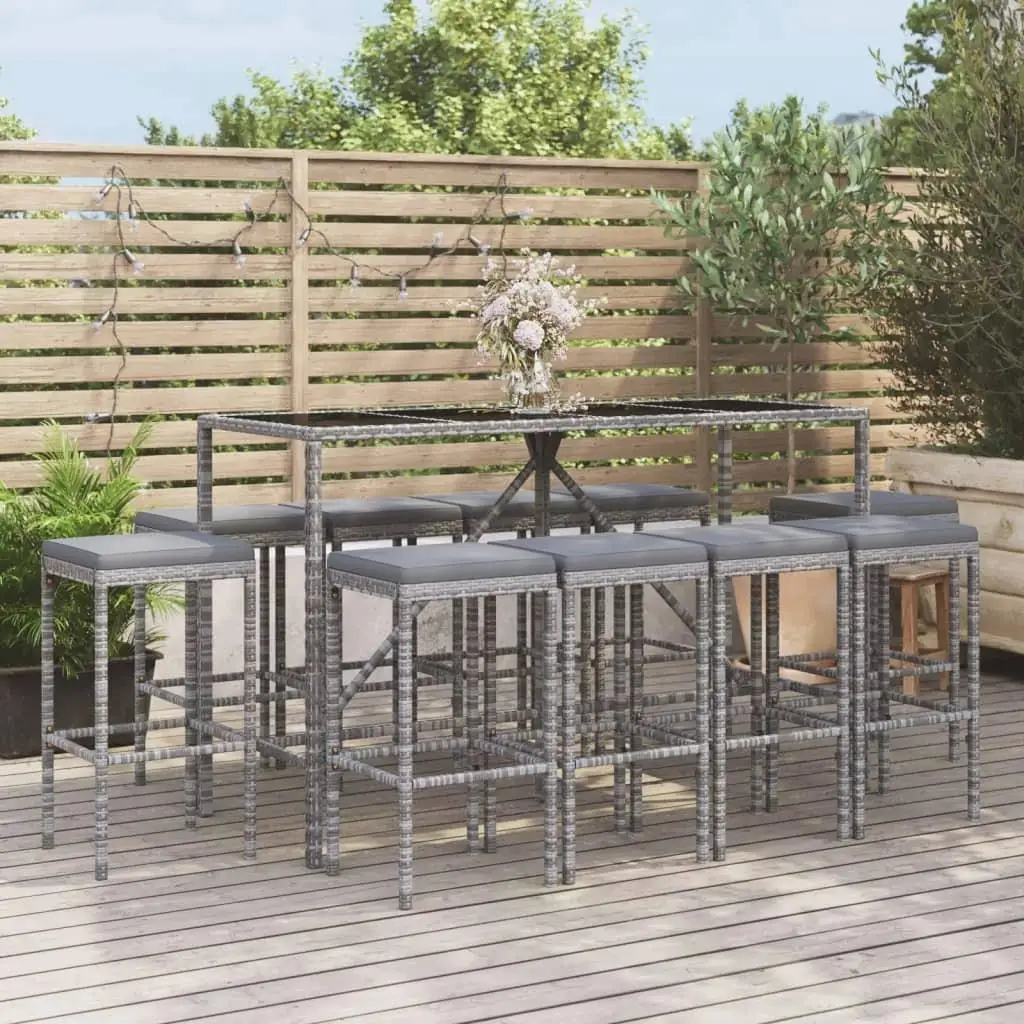 11-Piece Gray Poly Rattan Patio Bar Set with Cushions - Stylish Outdoor Furniture