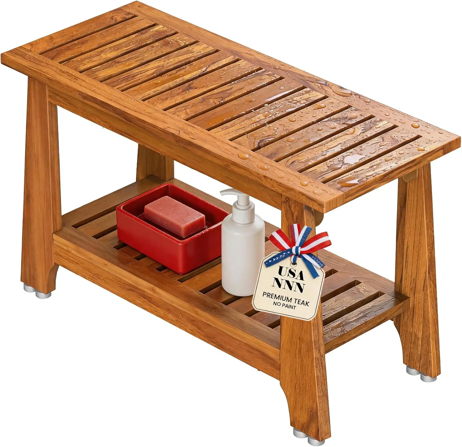 

30" Teak Shower Bench with 8 Non-Slip Leveling Feet, 350 lbs Capacity, Waterproof for Bathroom Sauna Outdoor Pool