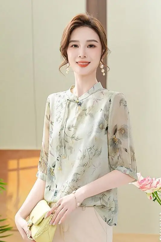 Camisa de gasa para mamá, moderna y noble, nueva moda y de manga central