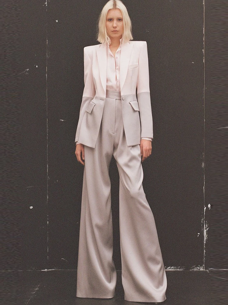 HIGH STREET Newest 2024 S/S Runway Designer Suit Set Women's Career Fashion Single Button Color Block Blazer Wide Pants Suit