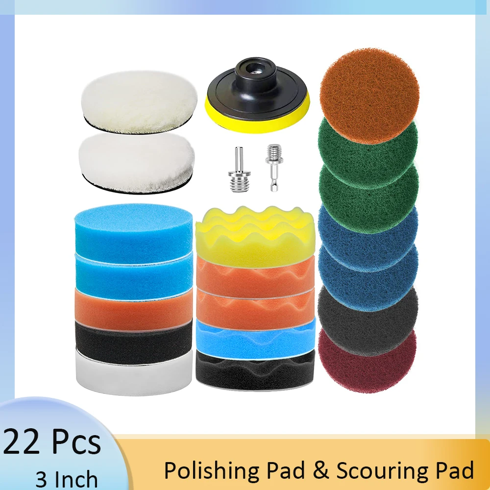 

22Pcs 3 Inch Polishing Pad Kit with Scouring Pad and Wool Buffing Pad for Drill Car Polisher Rust Remover Mirror Waxing Cleaning