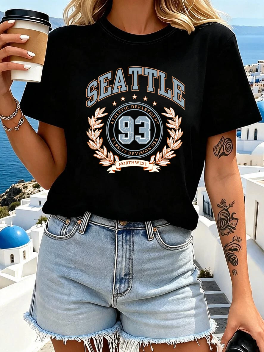 American Vintage Style Seattle Print Tops Women's Crew Neck Short Sleeve T Shirt with Number 93 Design Clothes Outfit T-shirt