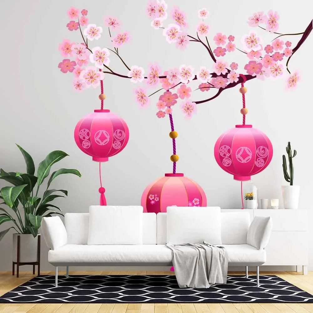 Imagem -05 - Pink Cherry Blossom Imprimir Papel de Parede Ramos e Lanternas Decoração do Quarto Casca e Vara Decoração da Família