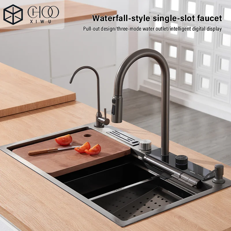 

Kitchen pull-out single basin faucet, intelligent digital display, hot and cold dual control, selected ceramic valve core