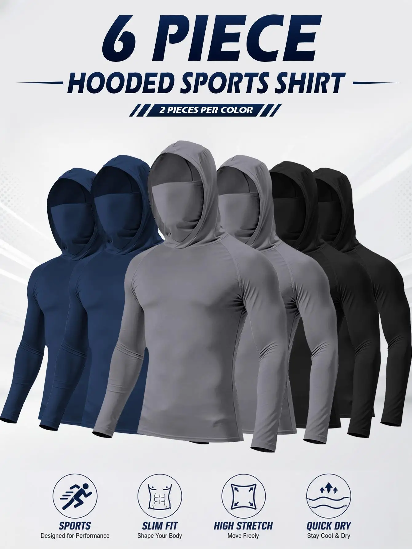 3Pcs 6Pcs Men's Sun Protection Hoodies with Face Mask Quick Dry Long Sleeve Fishing Shirts UPF50+ UV Breathable High Stretch Outdoor Sports Tops Cooling Sportswear for Hiking Summer Work