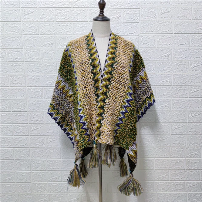 Women Knitting Poncho Capes Autumn New  Female Fashion Bohemian Poncho Cloak Tassel Winter Clothing Cardigan Scarf Tibet Beige