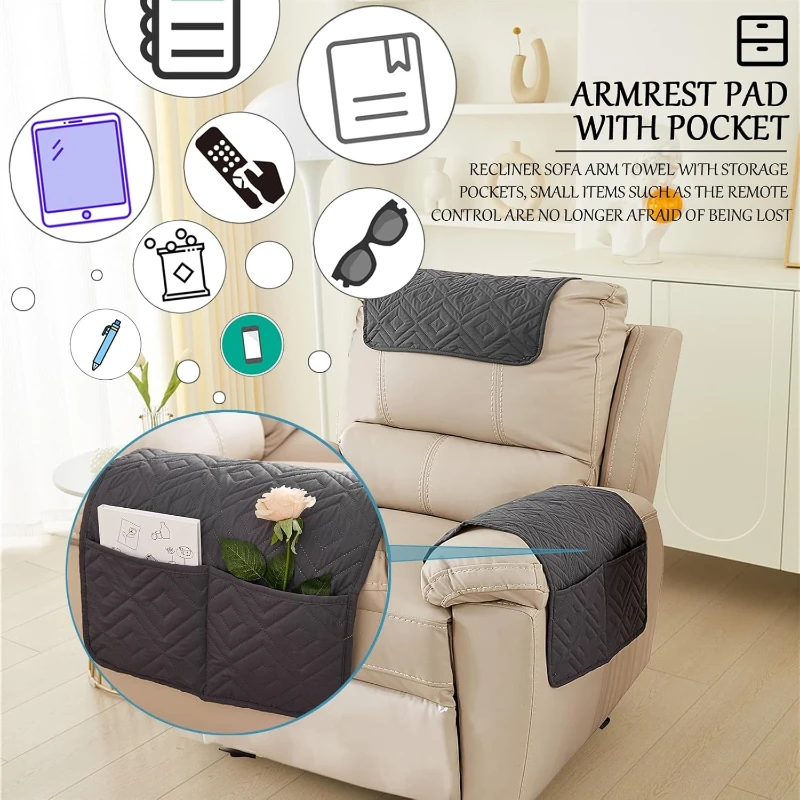 Christmas 3-Piece Quilted Recliner Chair Protector Set with Armrest & Headrest Covers Storage Pocket for Single Recliner Sofa