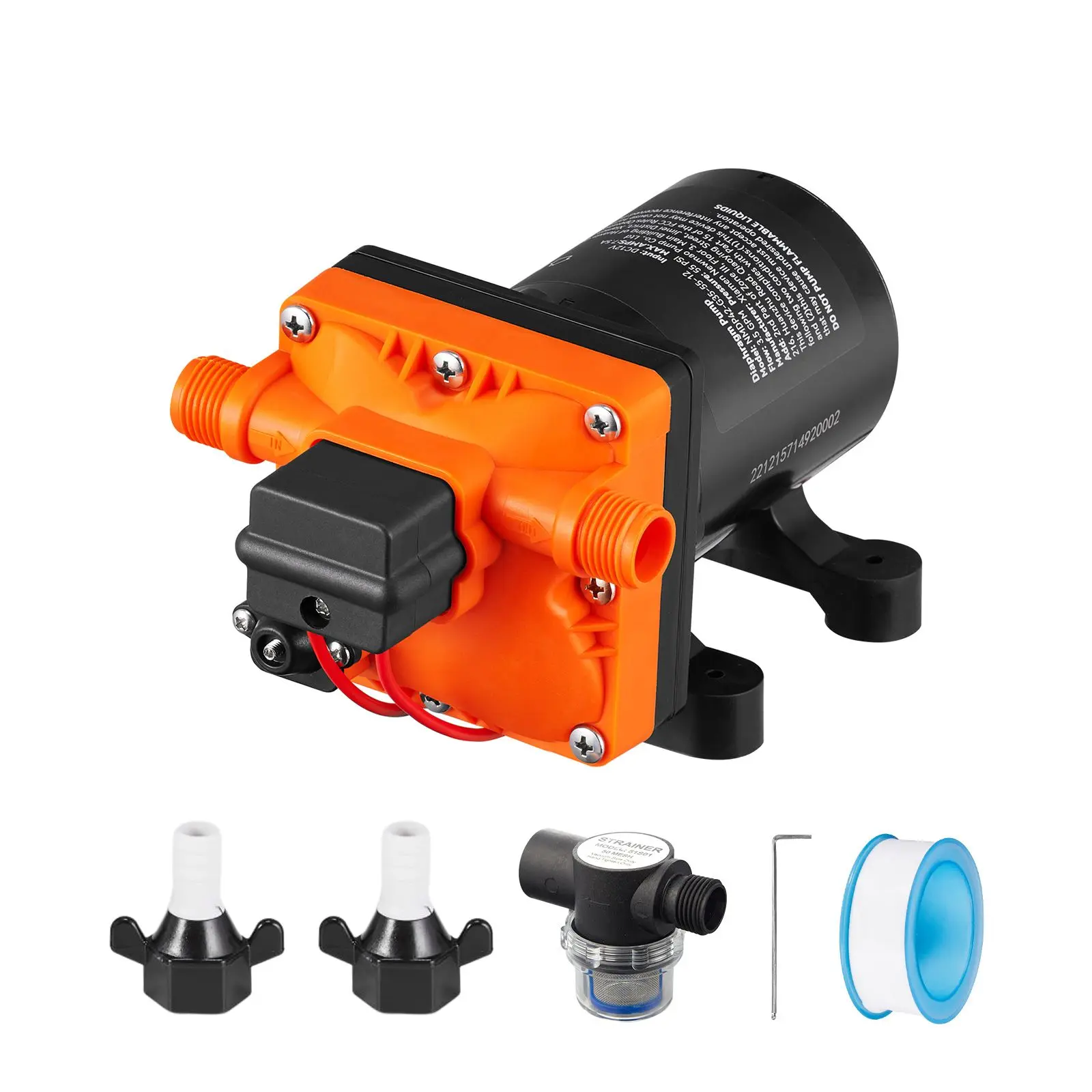 Water Diaphragm Pump, 12V DC, 3.5 GPM Flow, 55 PSI Rated Pressure (40-80 Adjustable), 1/2