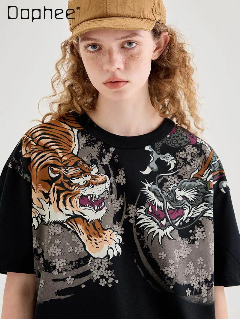 

Short Sleeve T-Shirt Man and Women Japanese Sukajan Style Tiger Dragon Print Oversized T-Shirt Sakura Embroidery Graphic Tee