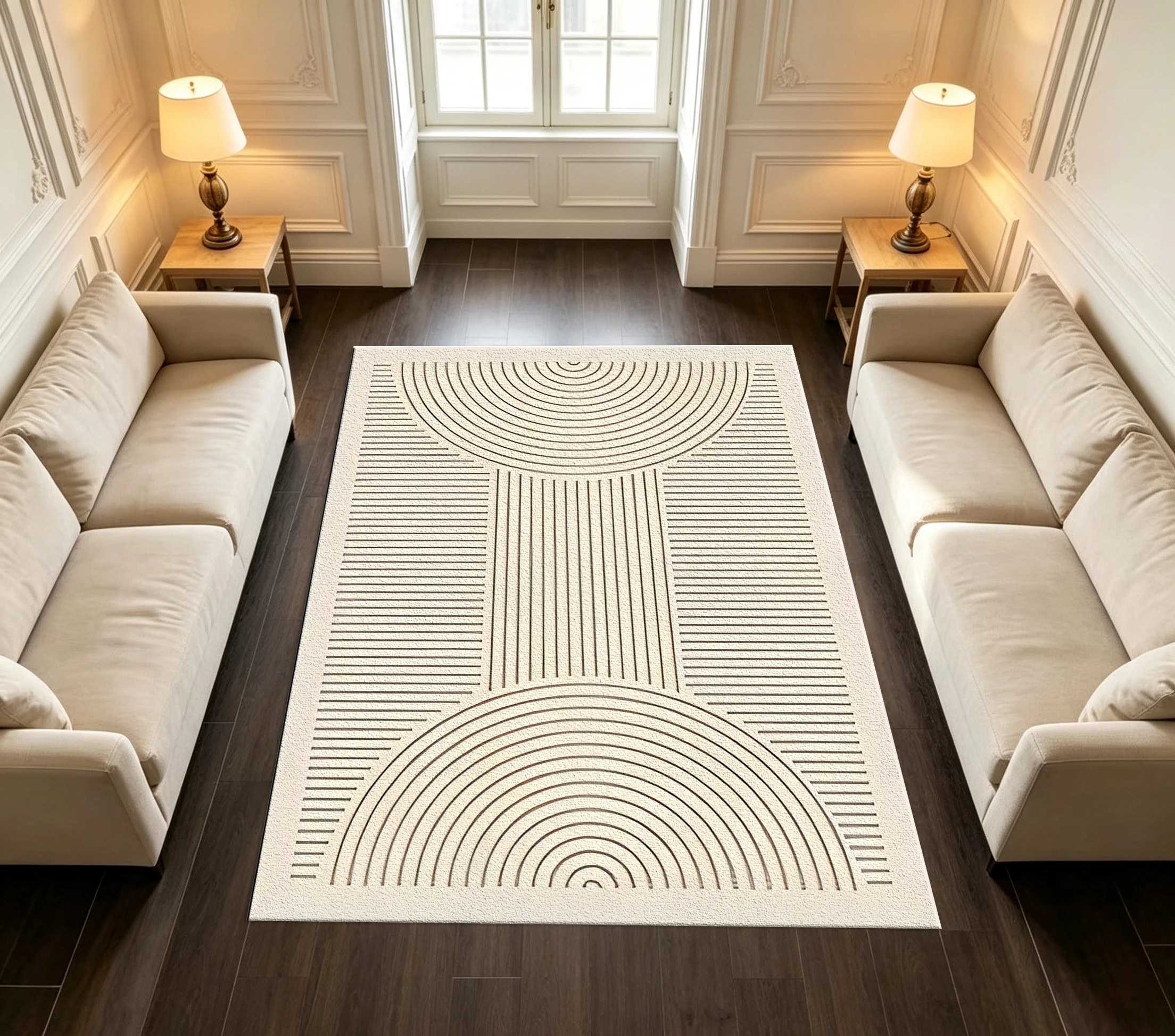 Mid Century Modern Curved Line Geometric Carpet Flooring, Minimalist Indoor Area Rug for Living Space