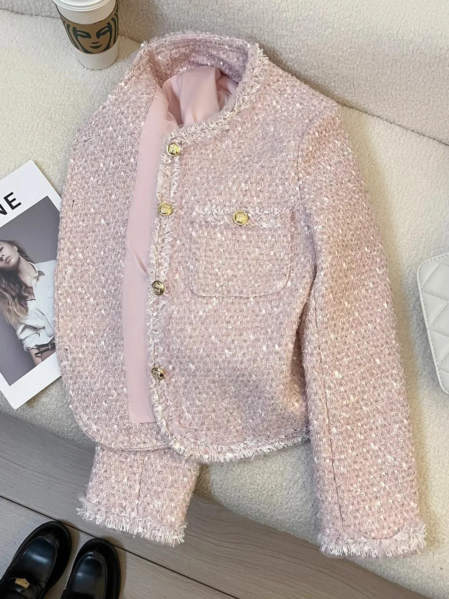 

Winter Jacket 2023 Casual O-neck Pink Single Breasted Long Sleeve Coat Women's